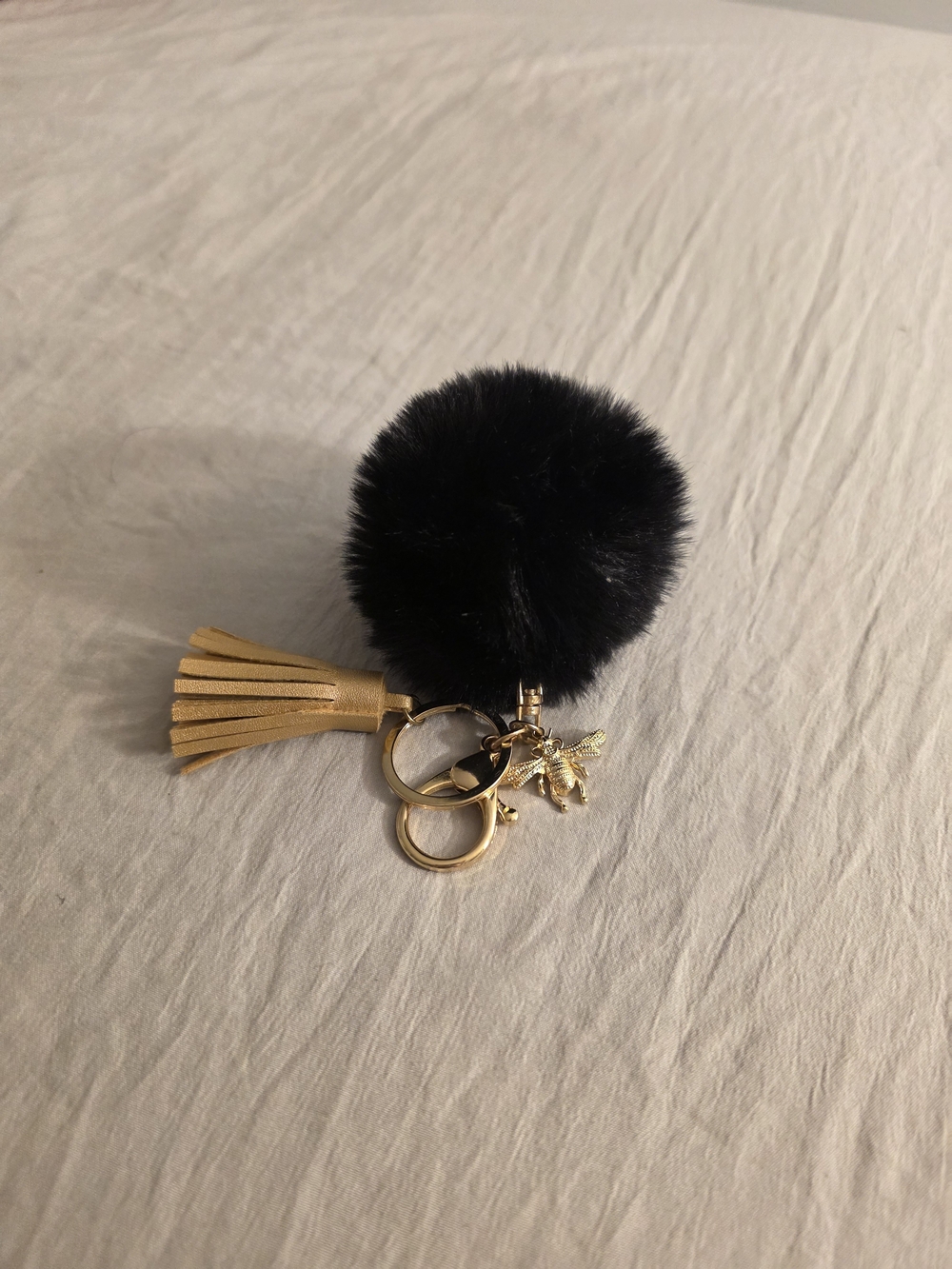Black Faux Fur Pom Key Chain Gold Accents
